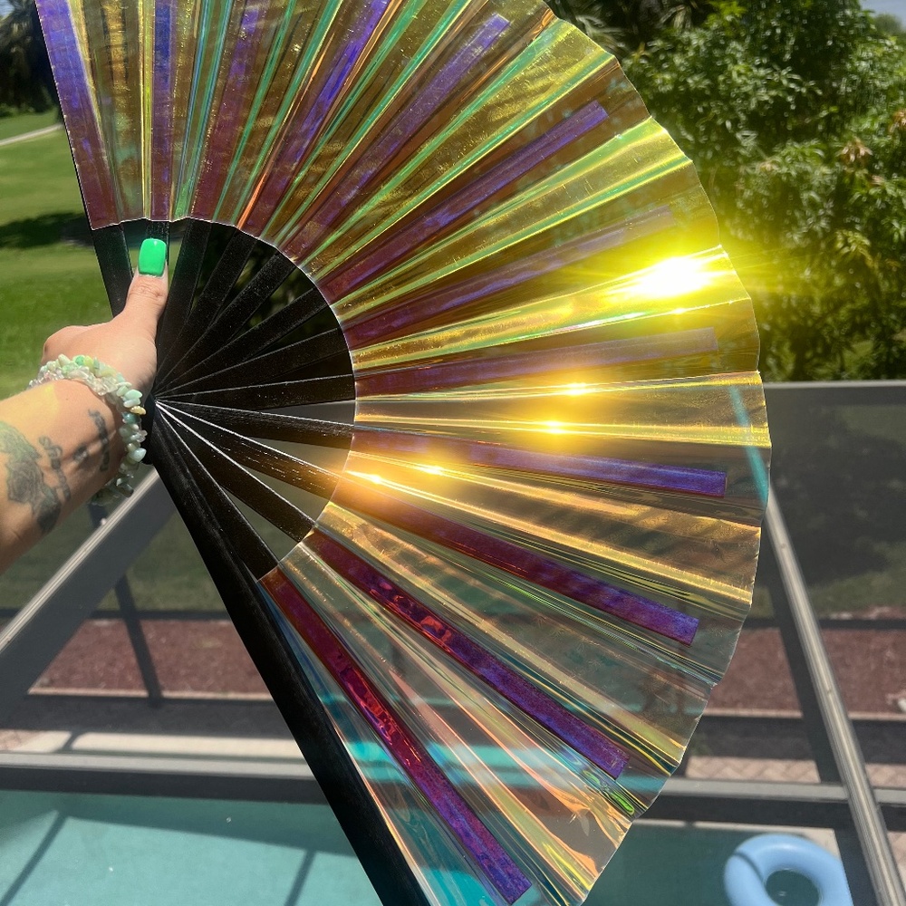 Holographic Iridescent PVC Folding Bamboo Laser Hand Clack Fan Rave Edm Clacking
